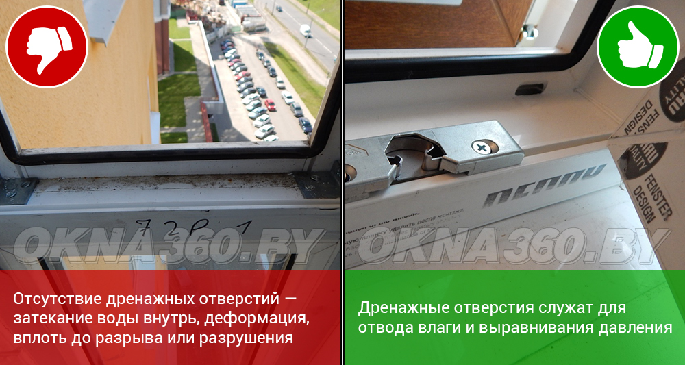 Отсутствие дренажных отверствий - затекание воды внутрь, деформация, вплоть до разрыва или разрушения. || Дренажные отверстия служат для отвода влаги и выравнивания давления.