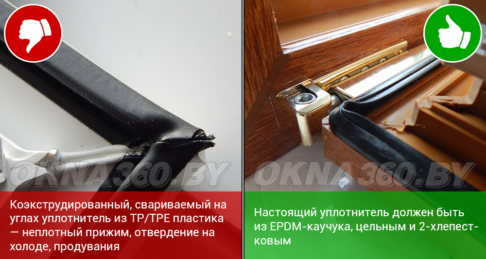 Коэкструдированный, свариваемый на углах уплотнитель из ТР/ТРЕ пластика – неплотный прижим, отвердение на холоде, продувания… || Настоящий уплотнитель должен быть из EPDM-каучука, цельным и 2-хлепестковым.